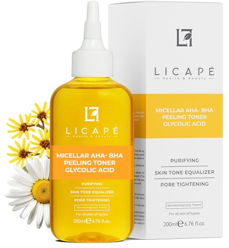 Licape® Glycolic Acid - Toner für das Gesicht | 200 ml | Aha Bha peeling | Exfolierendes Gesichtswasser mit Glykolsäure & Salicylsäure | Porentiefe Reinigung, Hauterneuerung für strahlende Haut