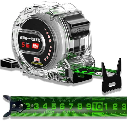 Tape Measure 5 Metre, Transparent Metric Only Tape Measurement Retractable Waterproof Stainless Steel Self Lock Fluorescent 5M Tape Measuring with Double-Sided Scale (5m*25mm)
