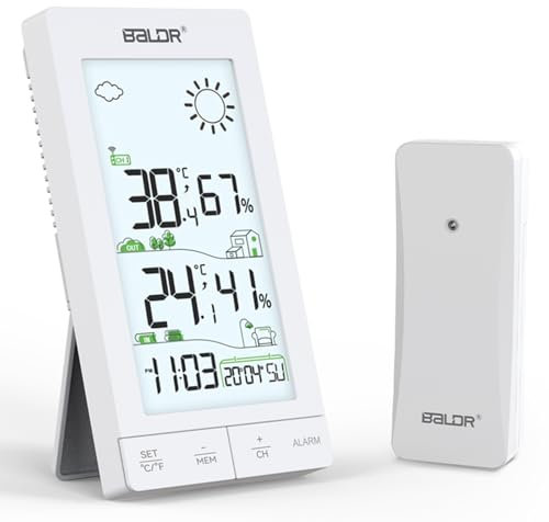 Wetterstation Funk mit Außensensor, Innen- und Außenthermometer, Hygrometer, Funkwetterstation mit 6,0LCD-Display,Wettervorhersage, Wochentag,Wecker, Schlummerfunktion und Hintergrundbeleuchtung