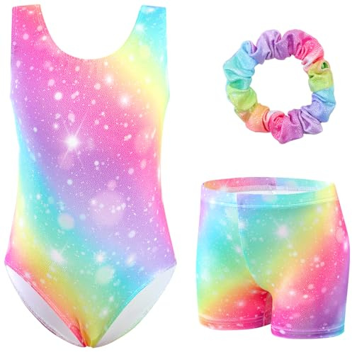 XiaoMoSha Girls Three-Piece Gymnastics Set Sleeveless Girls Leotards with Shorts and Hairband Glitter Multi Gradient Color Dance Ballet Unitards Gymnastics Outfits, Rainbow, 9-10 Years