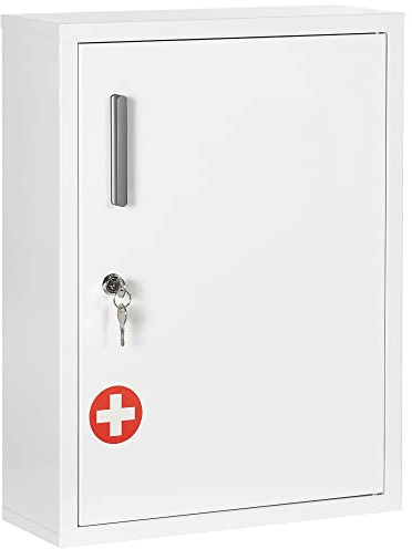 kleankin Armadietto Farmaci a Parete a 3 Ripiani con 2 Chiavi di Sicurezza, Armadietto Porta Medicinali in Acciaio, 40x15x53.5 cm, Bianco, Rosso