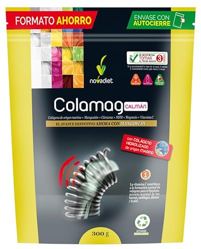 Novadiet - COLAMAG CALMÁN con Colágeno Origen Marino, Mangostán, Cúrcuma, Vitamina C, Magnesio, Piel, Huesos, Músculos, Articulaciones, Cartílagos, Ayuda Formación del Colágeno 300gr (Doypack 300gr)