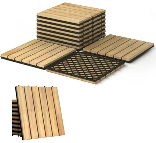 TANGZON Acacia Wood Deck Tiles, 30 x 30 cm Interlocking Patio Flooring with Click System & Drainage Base, Wooden Floor Tiles for Balcony Garden Deck Indoor(10PCS,Linear Slat - Natural Wood)