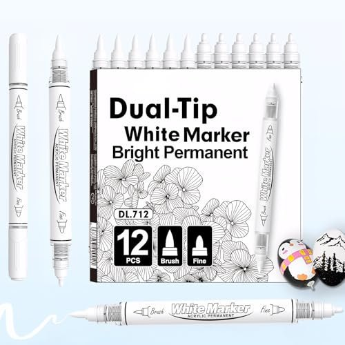 EFNHJF5 12 Stück Weiß textilstifte waschmaschinenfest,Acrylstifte Weiß, Dual-Tip Permanent Marker Set,für T-Shirts und stofftaschen,Holz,Stein,Keramik Stoffmalstifte