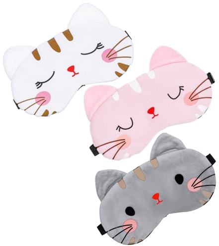 Wanmu 3 stycken sovmask för barn, söta djur-sömnögonmask, plysch-ansiktsmask, rese-sovmask, sovhjälp, justerbar ögonmask, stretchig (vit, rosa, grå)
