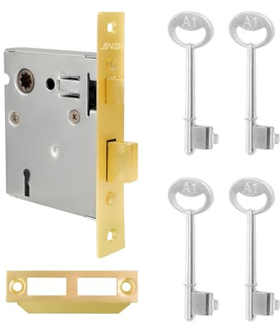 Old Mortise Lock Replacement Parts, Vintage Style Mortise Lock Set for Interior Door, Reversible Latch Bolt with Antique Skeleton Keys, Polished Brass Finish