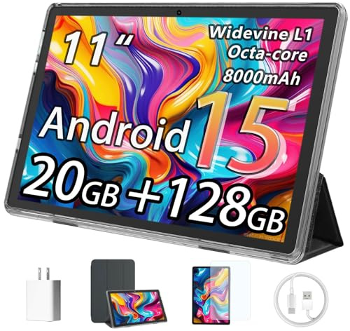 HUIHUANG Android 15 Tablet 11 Inch, 20GB RAM 128GB ROM, 8000mAh Large Capacity Battery, 5G/2.4G WiFi6, Octa-Core, 1TB Expandable, Widevine L1 HD Streaming, Bluetooth 5.0, GPS, Protective Case - Black