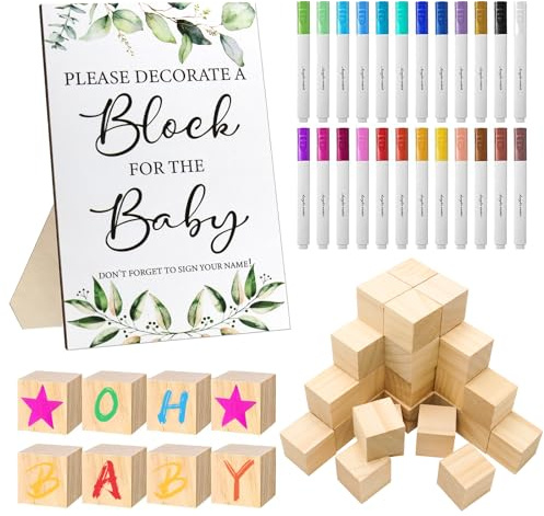 Lot de 75 jeux de fête prénatale, cadeau amusant pour fête prénatale, contient 50 blocs en bois vierges pour le bricolage et 24 stylos acryliques, 1 plaque en bois, convient pour les garçons et les