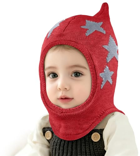 AYPOW Varm vintermössa för barn, baby, pojke, vinter, termiskt foder, vindtät fleecehatt, halsduk, keps, Balaclava, huva, små, Färg: röd, One size