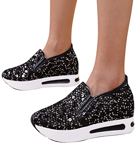 Nuqqichongtian Sneaker da donna con brillantini, leggere, con paillette metalliche, per matrimoni, sneaker, traspiranti, con lacci, con plateau, da tennis, comode scarpe da corsa per attività all'aria