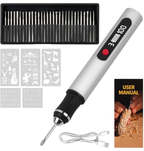 Stylo Graveur Électrique San Fil avec 30 Bits, 5 Pochoirs | USB Rechargeable Trousse à Outils de Gravure, 3 Vitesses, Jusqu'à 20 000 tr/min, pour Bricolage Bijoux Verre Métal