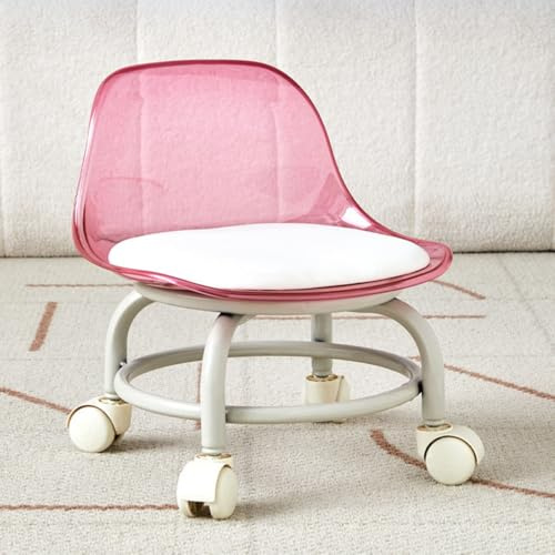 Taburete bajo rodante, taburete acrílico con respaldo y ruedas, asiento giratorio para masajes, oficina, hogar, garaje