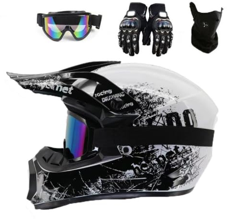 Full Face Motocross-hjälm med skyddsglasögon Mask Handskar | Ungdom Barn Off Road Motorcykel Krockhjälmar, Downhill BMX MTB ATV Enduro Quad Dirt Bike-hjälm