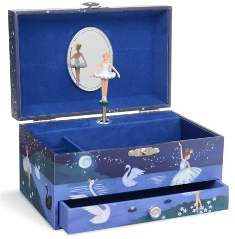Jewelkeeper - Girls Jewellery Storage Music Box with Storage Drawer, Navy Blue Glitter Ballerina - Swan Lake Melody
