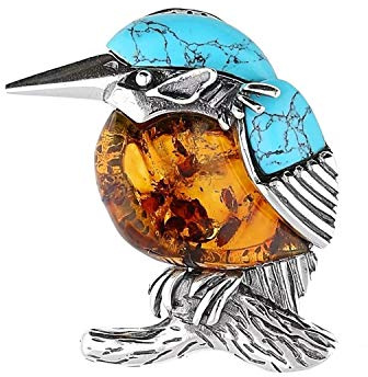 Milena Kingfisher Brooch - Silver Baltic Amber and Turquoise