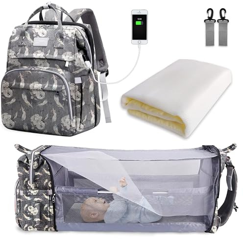 SNDMOR Sac à Langer pour Bébé Sac à Dos, Sacs à Langer Grande Capacité, Sac à Langer de Voyage Portable Avec Lit Pliable, Sac à Dos pour Lit Bébé (Plume Grise)