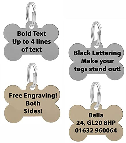 Medaglietta identificativa in argento o ottone, 38 mm (argento/nichel) a forma di osso del cane, personalizzabile con incisione in grassetto e nero