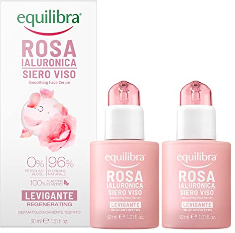 2x Equilibra Rosa Ialuronica Siero Viso Levigante Rigenerante Tonificante Idratante Antiossidante Elasticizzante Illuminante Rinfrescante Anti Età Naturale con Vitamina C - 2 Flaconi da 30ml ciascuno