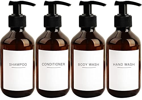 Ezebesta tvållotion pumpdispensrar med etiketter 300 ml badrum brun dispenser flaskor 4 delar med 22 etiketter