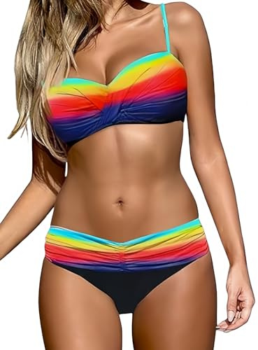 Ocean Plus Kvins Rändede Bikiniuppsett med Bröstpadda Bikini Push-up med Hängare Tvådelad Baddräkt (S (EU 34-36), Regnbågsfärger)