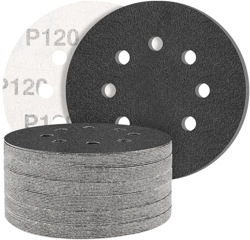 STEBRUAM 50 Stück Siliciumcarbid Schleifpapier 125mm Klett 120 körnung,Profi 125 Rund 8 Loch Nass und Trocken Schleifscheibe,Besten für Metall Autos