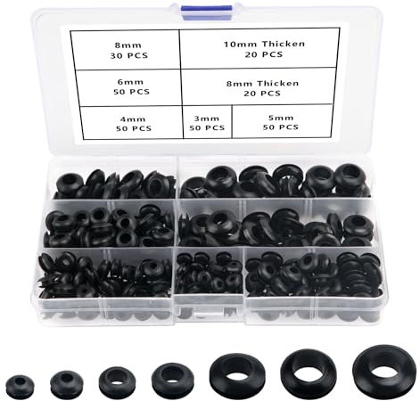 YIXISI 270 Piezas 7 Tamaños Pasacables Arandelas de Goma, Juntas de Anillo de Alambre Eléctrico, Ojales de Goma, para Proteger Cables, Enchufes y Cables, Negro