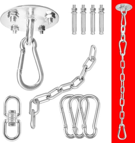 XENVIO Kit de crochets de plafond pour fauteuil suspendu, hamacs – Capacité de 400 kg avec 3 mousquetons, 1 crochet pour charges lourdes avec rotation à 360° et chaîne d'extension de 30 cm –