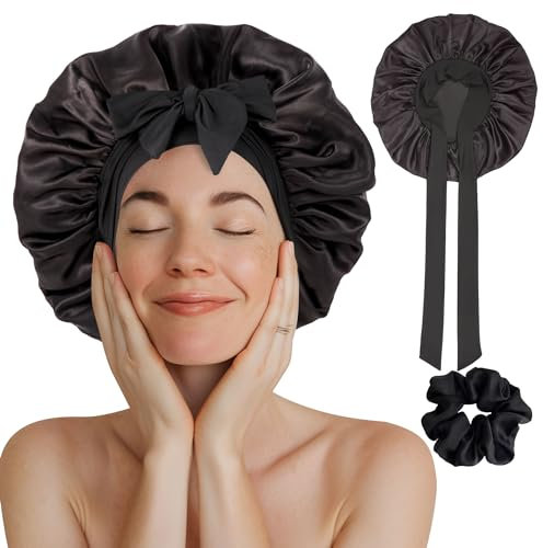 Cuffia Seta Capelli Ricci,cuffia capelli ricci notte,cuffia in seta per dormire,Berretto da notte in seta con cinghie regolabili,Berretto per Dormire in Raso Morbido e Confortevole (Black 1PCS)