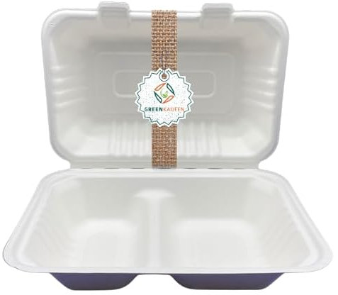 Greenkaufen Bio (50 stück) Bagasse stabil Einweg Warmhalte- Menüboxen 2 geteilt, Klappbox, Snackboxen IP10, 23x15x8cm 900 ml weiß umweltfreundiche menubox Verpackungsboxen