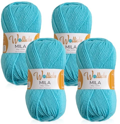 Wollidu Mila Garn zum Häkeln und Stricken 4 x 50g/133m Strickgarn 100% Polyacryl Häkelgarn Türkis