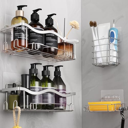 ALOCEO Duschablage ohne Bohren 4 Stück, Duschregal mit Seifenhalter und Zahnbürstenhalter, Badezimmer Dusch Organizer, Silber