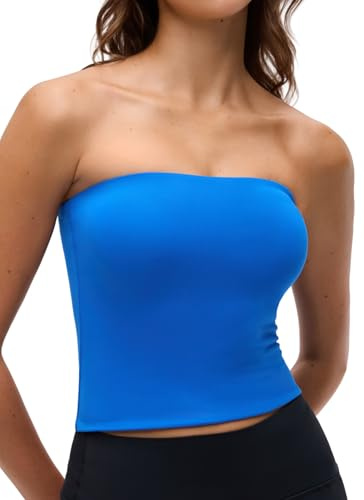CRZ YOGA - Butterluxe dubbelfodrad bandeau tubtopp för kvinnor - axelbandslös off the shoulder - randig casual basic crop top Sparkle Blue S