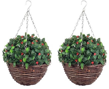 Pair of Best Artificial Holly Hanging Basket Topiary Ball - Suitable for Outdoor Use - Weather & Fade Resistant