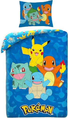 Juego de ropa de cama Pokémon 135x200 + 80x80 · Pikachu, Glumanda, Schiggy & Bisasam · 2 piezas funda nórdica + funda de almohada · Tamaño alemán
