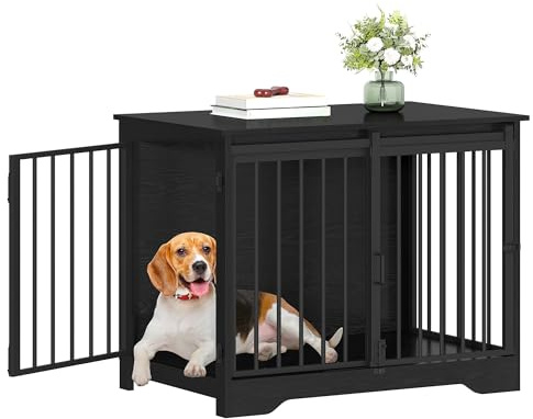 Hzuaneri 81cm Jaula para Perros, Mesa Auxiliar, casa Moderna para Perros, Jaula para Cachorros, dúplex para Animales, 2 Puertas, 55 x 81 x 67,5 cm, Negro DFC83604B