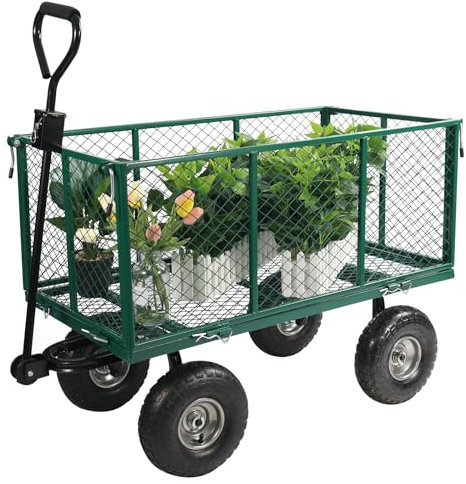 REDCAMP Large Garden Trolley on Wheels, XL Heavy Duty Metal High Garden Carts Wagons with Wheels and Removable Sides with Cart Liner, Multi-purpose 650 Lbs Capacity, Green