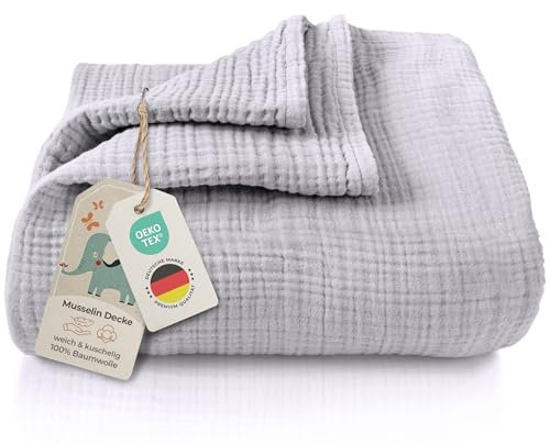 LAYNENBURG Premium Musselin Babydecke 120x120cm – 4 lagige Decke aus 100% Baumwolle - Oeko-TEX 100 - Kuscheldecke oder Schlafdecke, Pucktuch, Spucktuch für Baby, Neugeborene & Kinder (grau)