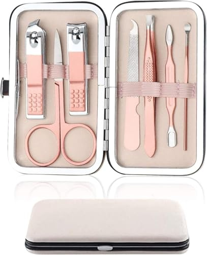 Manicure Set 7 Piece Nail Clipper Travel Manicure Pedicure Kit | Eyebrow Trimmer, Tweezers, Nail File, Cuticle Pusher, Stainless Steel, Pink PU Case, Ideal Gift, Home Care & Travel Kit
