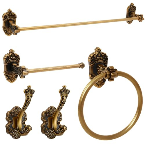 Zonon 5 Pieces Antique Brass Bathroom Hardware Accessories Set Vintage Towel Rack Toilet Paper Holder Towel Ring Robe Hook Wall Mounted for Bathroom Toilet Kitchen(Classic)