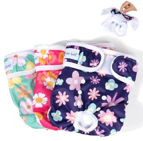 Pet Soft Dog Nappies Female, 3 Pack Dog Period Pants Xsmall with Leak-proof Waistband, Super Absorbent Washable Dog Diapers for Female Dogs in Heat, Season (Floral, XS)