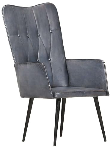 SKTQYQO Poltrona Wingback Grigia in Vera Pelle con Sedile Imbottito e Gambe in Ferro, Sedia Alta per Soggiorno e Salotto, Design Classico e Materiale Durevole per Massimo Comfort