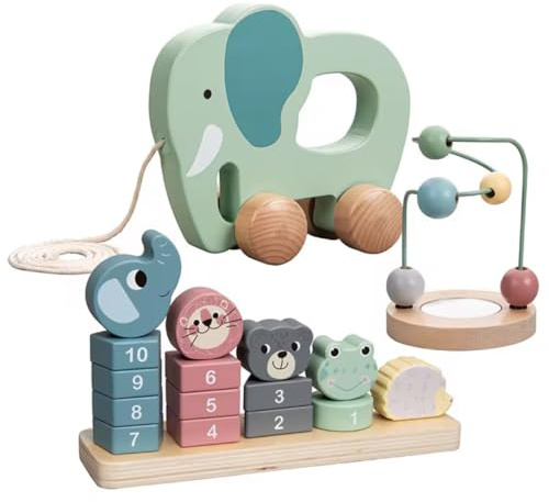 Premium Holzspielzeug Set für Kleinkinder. Multifunktionales Motorikspielzeug 3-in-1. Nachzieh-Elefant, Stapelturm & Motorikschleife. Fördert Feinmotorik, Zählen, Koordination & Wahrnehmung.