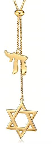 Pregeckit Star of David and Jewish Hebrew Chai Pendant Long Necklace Sweater Chain Hexagram Judaism Stainless Steel Jewelry (gold)
