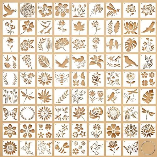 Hontaog 80 Stück Malschablonen Schablonen Set, Kunststoff Zeichenschablonen Wiederverwendbar Schablonen Vorlagen, Tieren und Pflanzen Schablone Set Blume Blätter Vogel für Holz Scrapbooking, 7.6cm