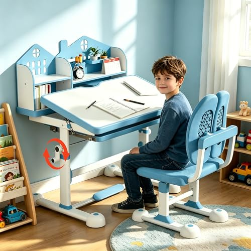 JMGJOY Kids Desk and Chair Set Height Adjustable Kids Study Table and Chairs Student Writing Desk with 45° Tiltable Desktop, Storage Drawer, Shelves, Pen Slot, Hook for Children Ages 3-12 Years, Blue