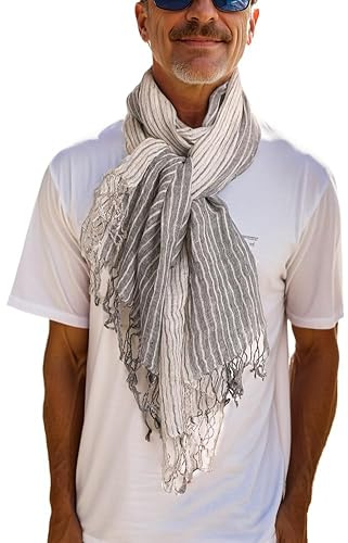 Prettystern extra long lin écharpe cm franges été homme écharpe blanche grise rayures - 2 gris