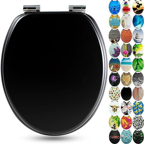 SANFINO® Premium WC Sitz mit Absenkautomatik – hochwertige Toilettendeckel aus Holz, viele bunte Motive, hoher Sitzkomfort, einfache Montage inklusive Montageanleitung – All Black