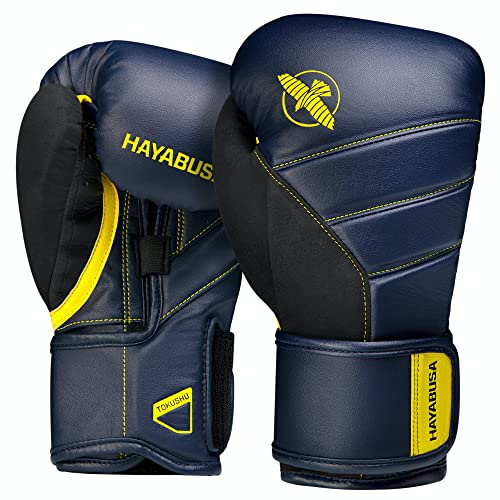 Hayabusa T3 Gants de Boxe pour Homme et Femme, Protection Poignets et articulations, Fermeture Auto-agrippante Double X, Rembourrage en Mousse 5 Couches – Bleu Marine/Jaune, 396,9 g