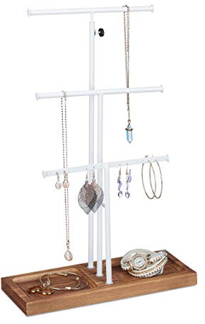 Relaxdays Smyckesställ, 3 stänger, t-formade, kedjor, för örhängen och armband, med hylla, trä och metall, vit/brun