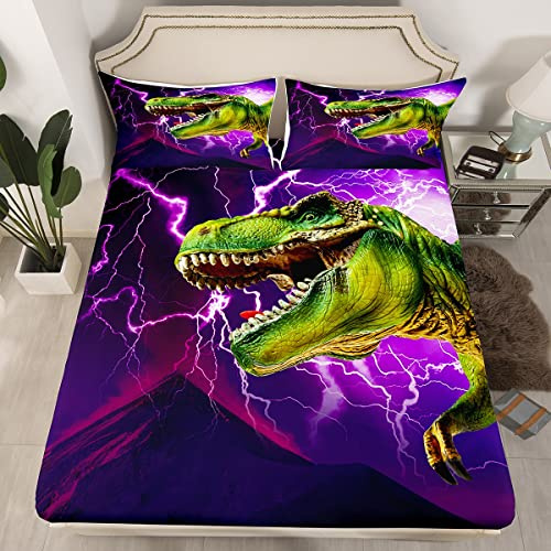 Set di lenzuola per bambini con dinosauri 3D, set di biancheria da letto con dinosauri per ragazzi e ragazze, motivo: animali della giungla, misura singolo, colore: viola con fulmini e vulcano
